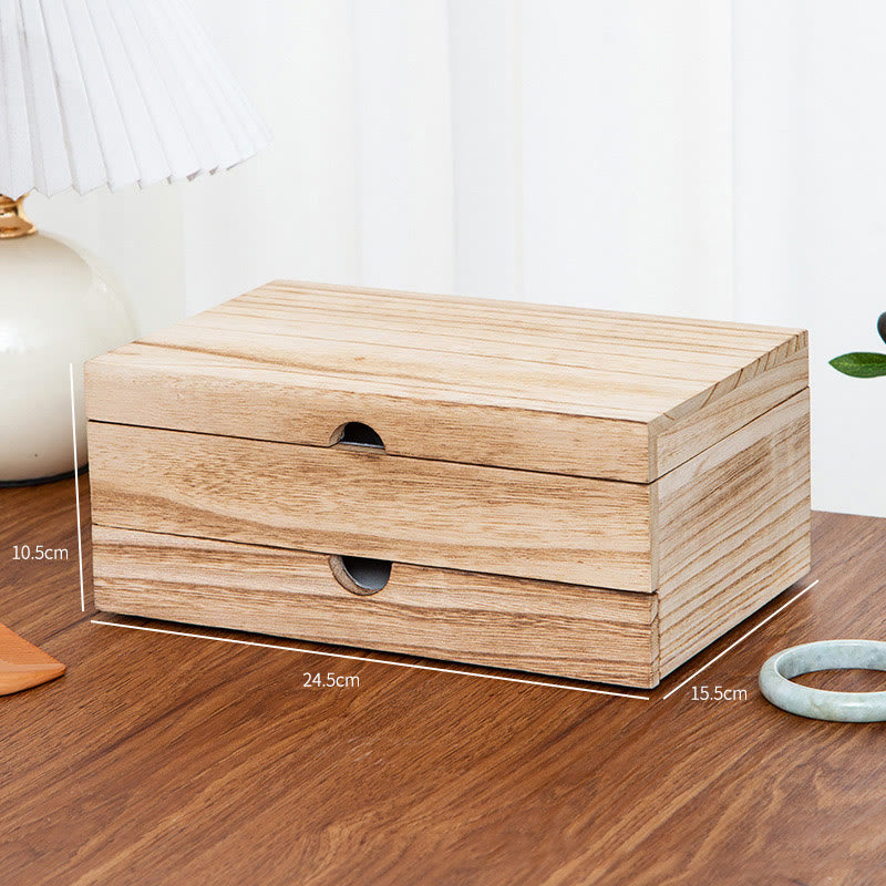 Retro Beige Wooden Jewelry Box Two-Layer Jewelry Storage Box With Mirror - Image 16