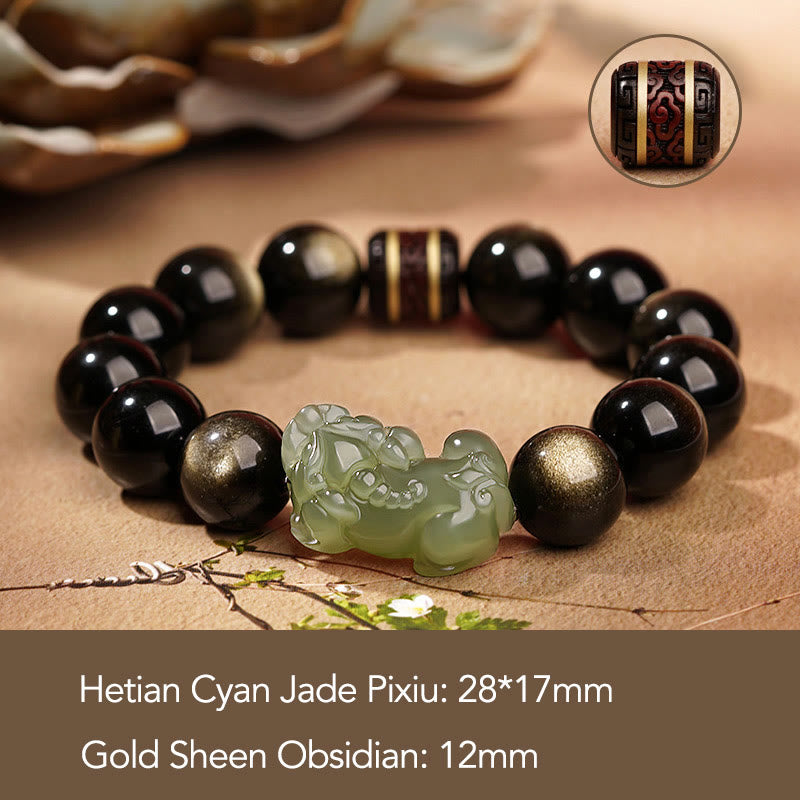 Natural Gold Sheen Obsidian Hetian Cyan Jade White Jade PiXiu Wealth Bracelet - Image 3