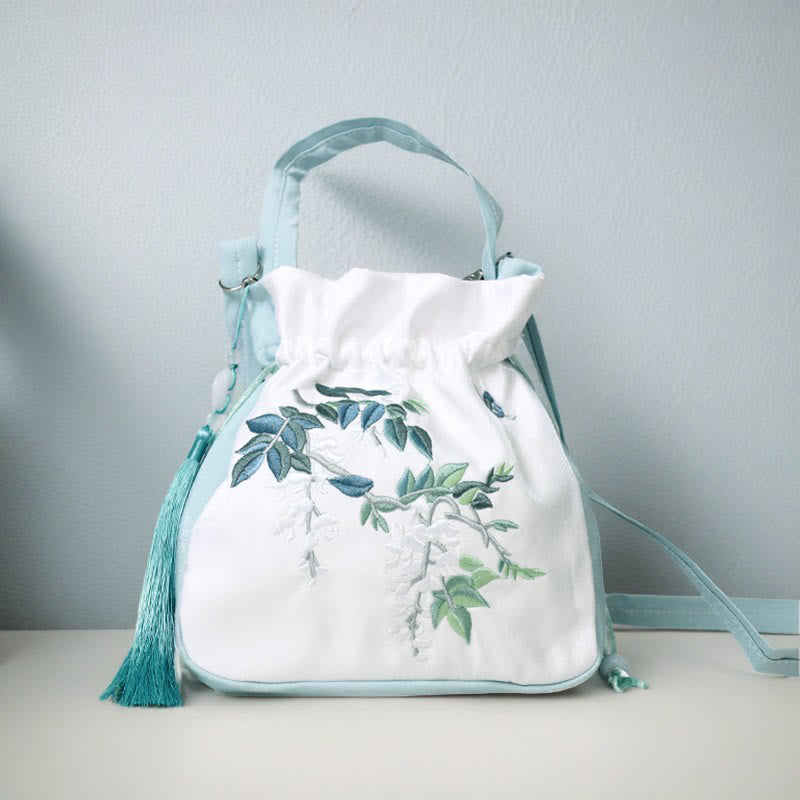 Embroidered Flowers Wisteria Lily Cotton Linen Tote Crossbody Bag Shoulder Bag Handbag