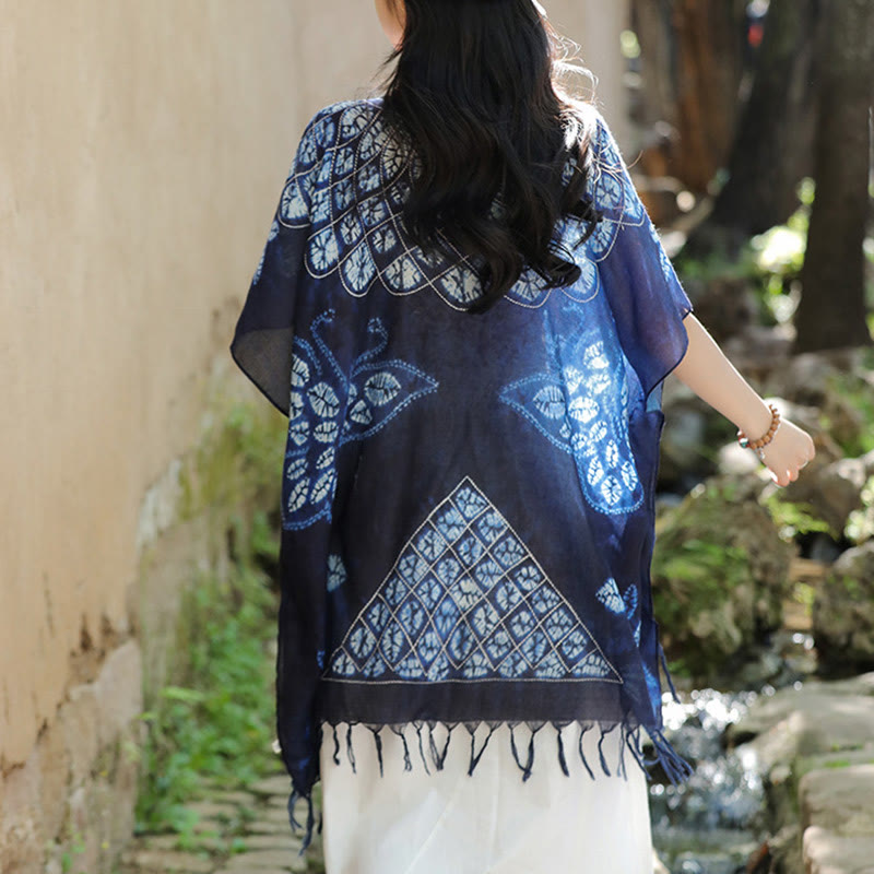 Blue Butterfly Batik Shawl Tassels Cozy Travel Pullover 90*95cm - Image 4