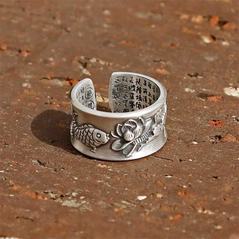 999 Sterling Silver Luck Koi Fish Lotus Heart Sutra Wealth Ring - Image 12