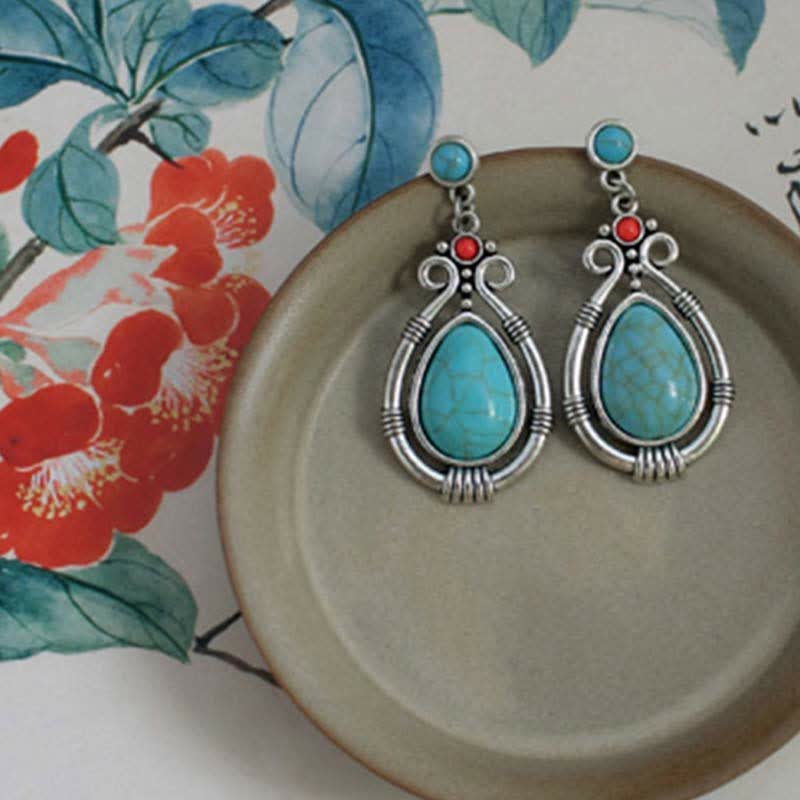Tibet Vintage Turquoise Waterdrop Strength Drop Dangle Earrings Clips - Image 9