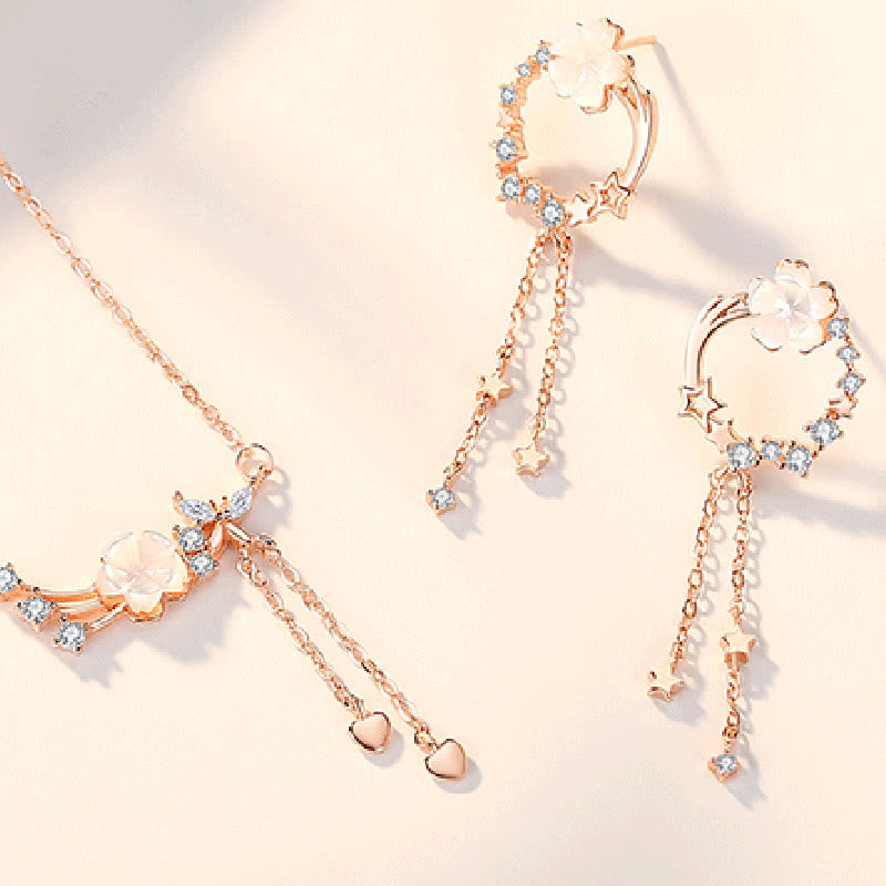 925 Sterling Silver Flower Butterfly Love Necklace Pendant Earrings Set - Image 3