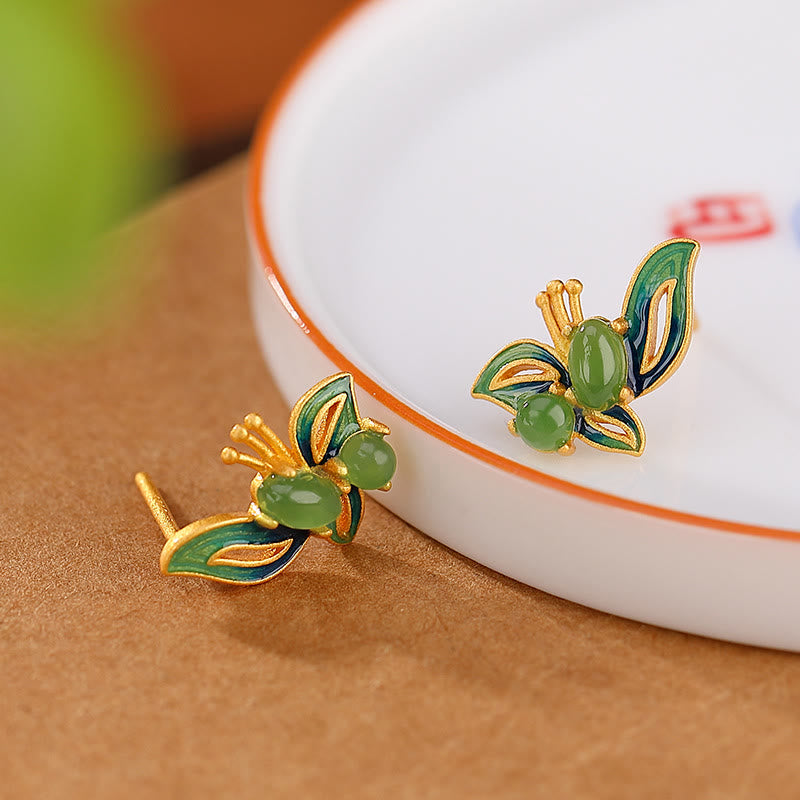 925 Sterling Silver Plated Gold Natural Cyan Jade Butterfly Luck Healing Earrings - Image 3