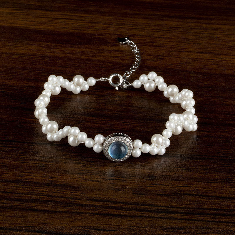 925 Sterling Silver Pearl Blue Chalcedony Healing Chain Bracelet Ring - Image 4