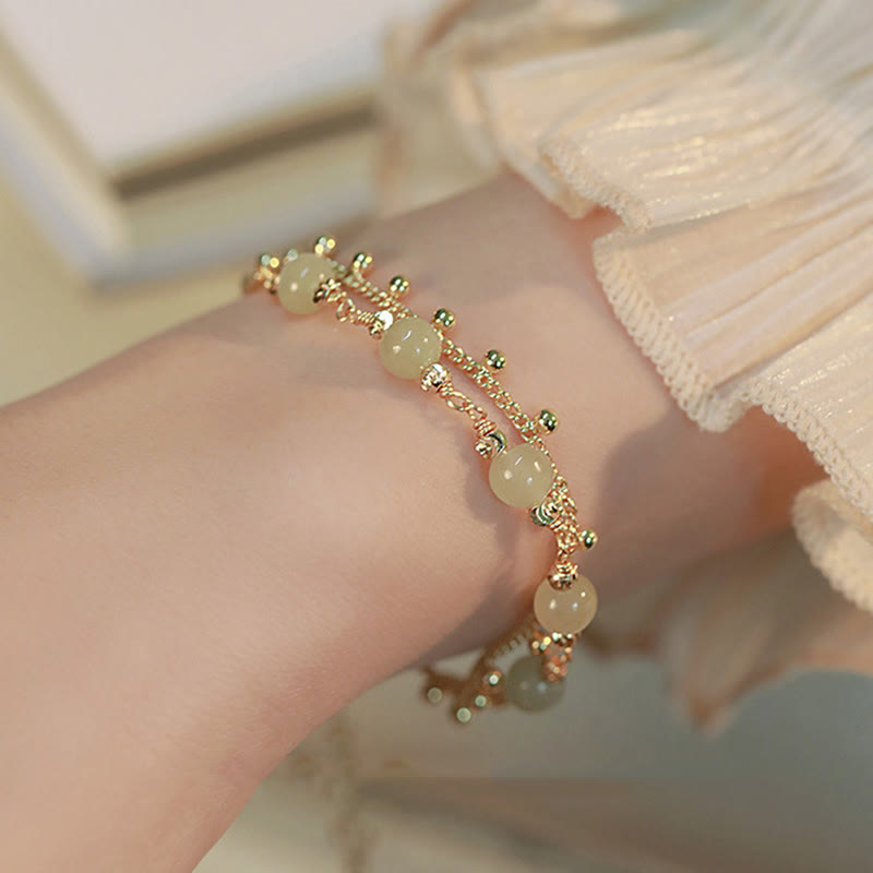 14K Gold Plated 2 Layers Hetian Jade Bead Luck Prosperity Bracelet - Image 4