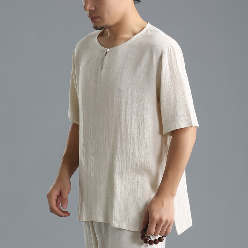 Men's Solid Color Round Neck Short Sleeve Cotton Linen Shirt - Image 16