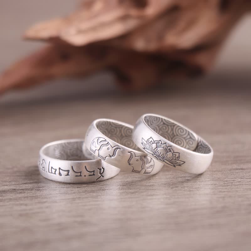 999 Sterling Silver Lotus Elephant Six True Words Blessing Ring