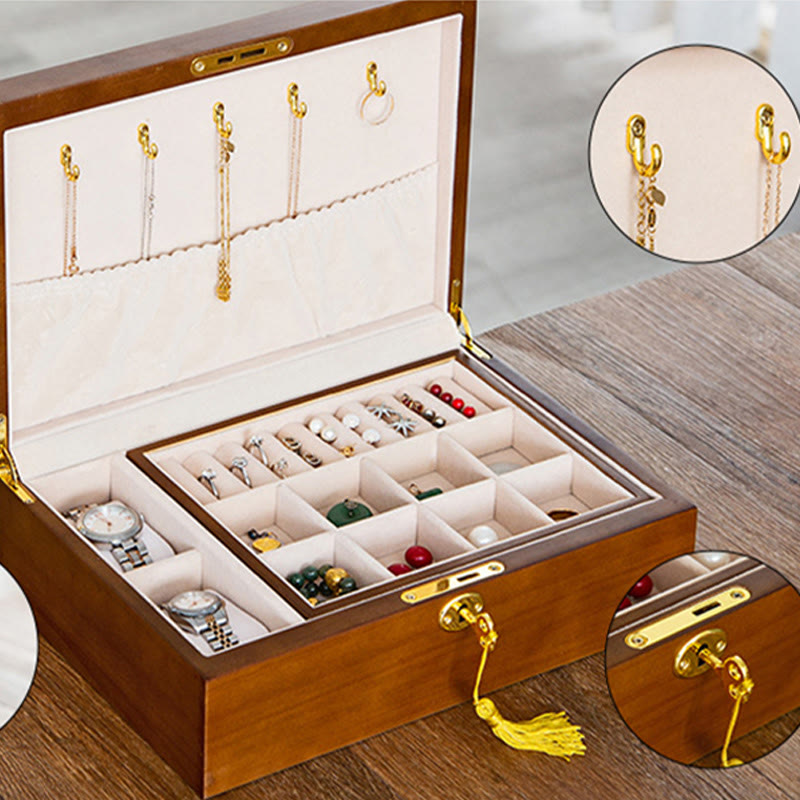 Vintage Wooden Jewelry Box Two-Layer Solid Wood Jewelry Storage Box - Image 14