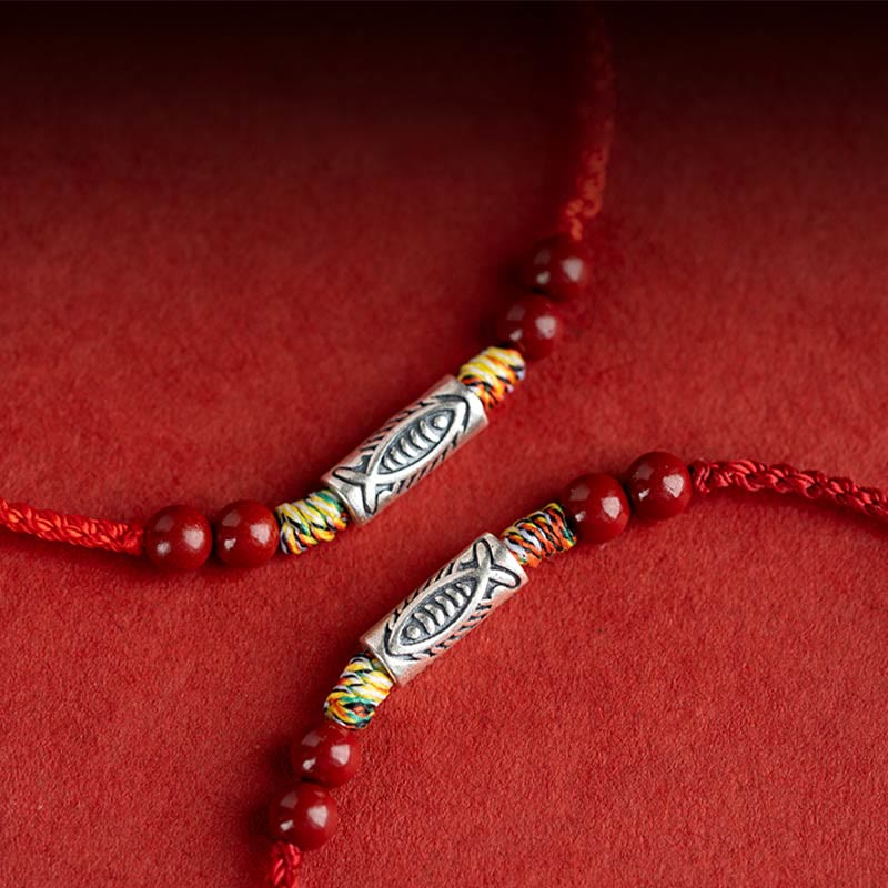 925 Sterling Silver Koi Fish Cinnabar Bead Wealth Handcrafted Braided Bracelet Anklet - Image 16