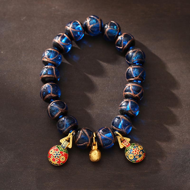 Gold Swallowing Beast Luck Charm Blue Liuli Glass Bead Fortune Bracelet - Image 4