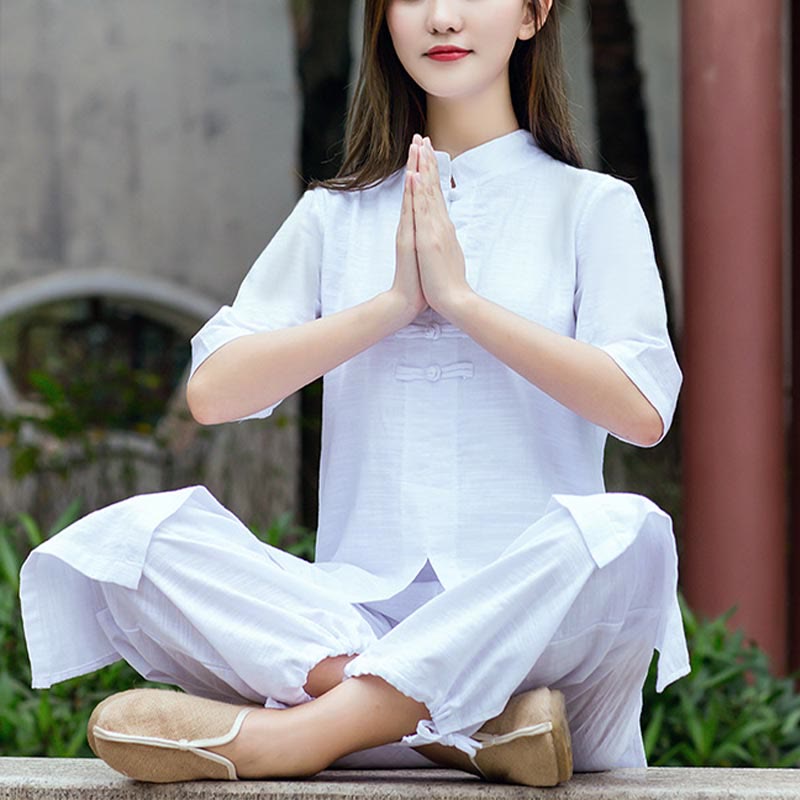 2Pcs Half Sleeve Shirt Top Pants Meditation Zen Tai Chi Linen Clothing Women's Set - Image 4