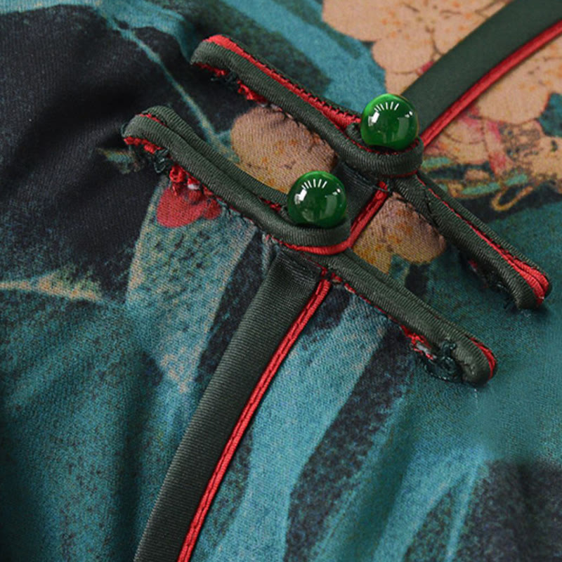 Vintage Pink Flowers Print Cheongsam Dress Women's Qipao Dress - Image 7