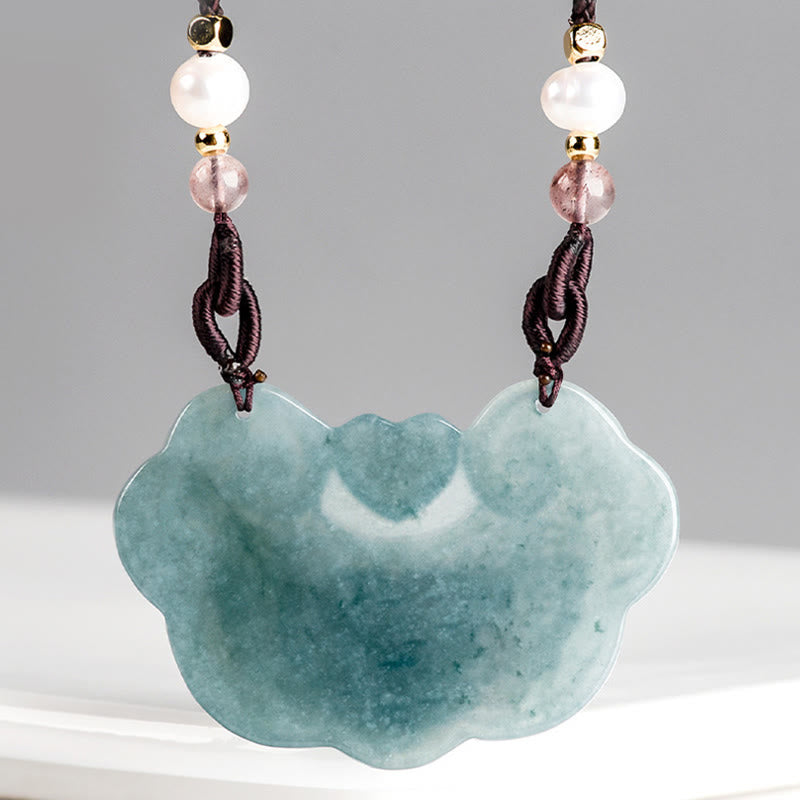 Natural Jade Peony Flower Lock of Good Wishes Prosperity Necklace Pendant - Image 5