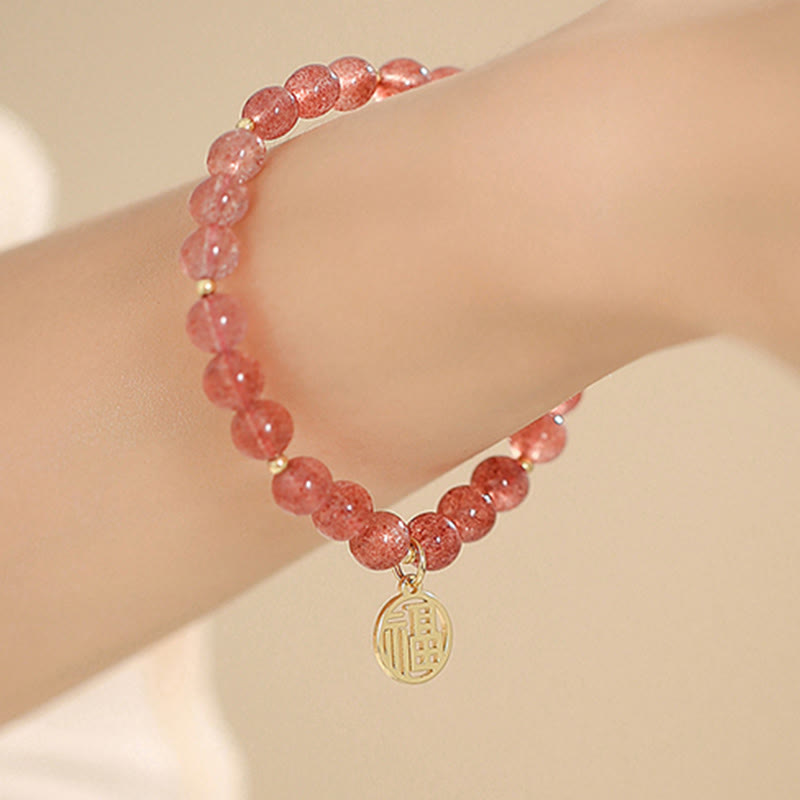 14K Gold Plated Strawberry Quartz Fu Character Healing Charm Bracelet - Image 13