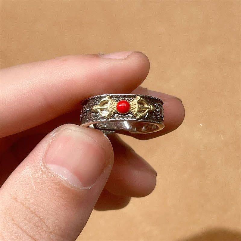 Tibetan Om Mani Padme Hum Red Agate Dorje Vajra Design Wisdom Ring - Image 4