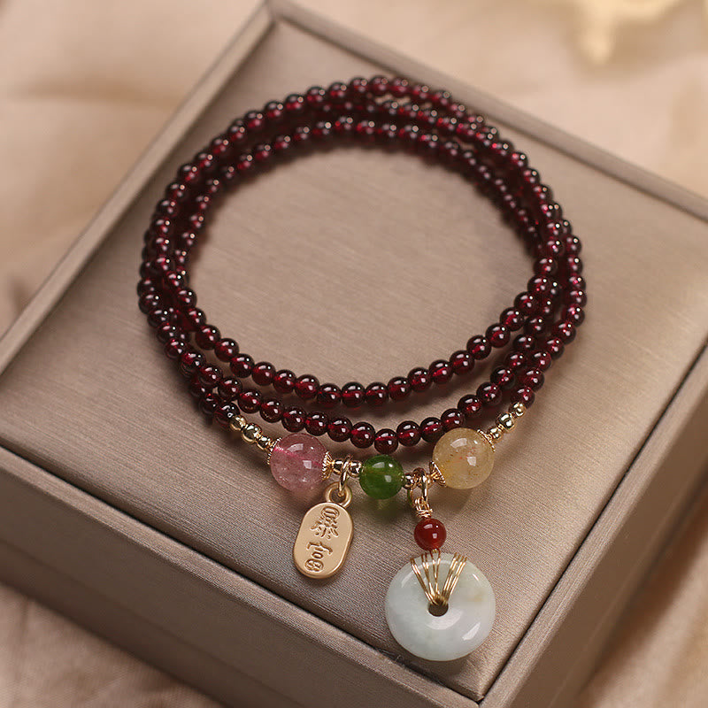 Natural Garnet Strawberry Quartz Crystal Fox Koi Fish Peace Buckle Fortune Protection Triple Wrap Bracelet - Image 15