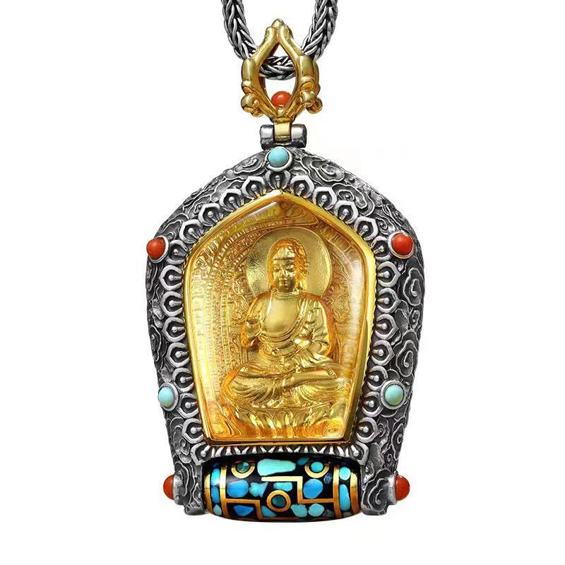 Tibet Chinese Zodiac Natal Buddha Thangka Prosperity Rotatable Dzi Bead Necklace Pendant - Image 11