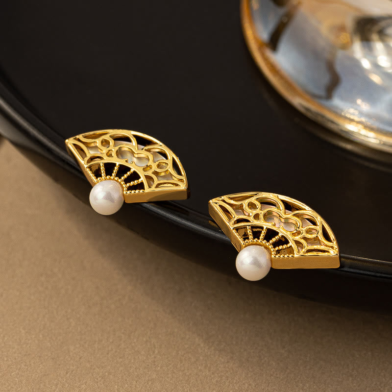 925 Sterling Silver Posts Fan Pattern Pearl Copper Wisdom Stud Drop Earrings - Image 4