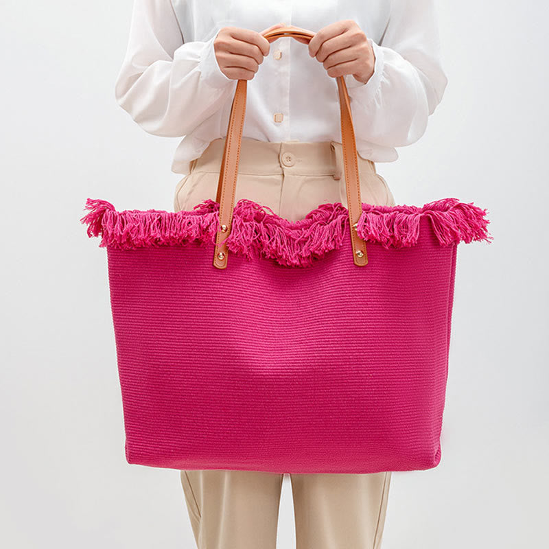 Large Capacity Solid Color Tassel Canvas Tote Shoulder Bag - Image 9