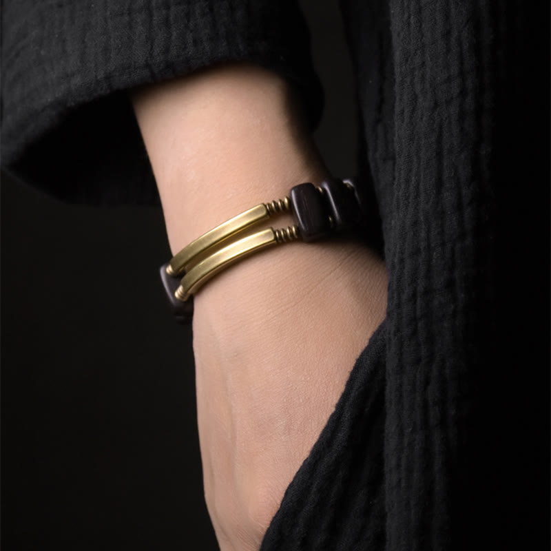 Tibetan Ebony Wood Brass Copper Balance Double Layer Bracelet - Image 3