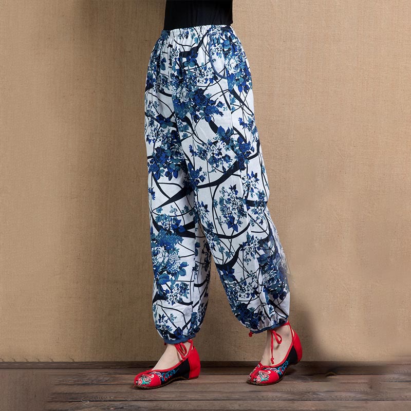 Blue Tree Flowers Print Harem Pants With Pockets - Image 8