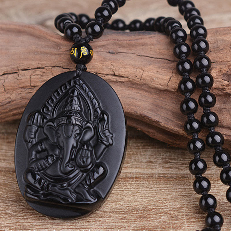 Tibetan Obsidian Ganesh Ganpati Elephant Wealth Amulet Necklace - Image 3