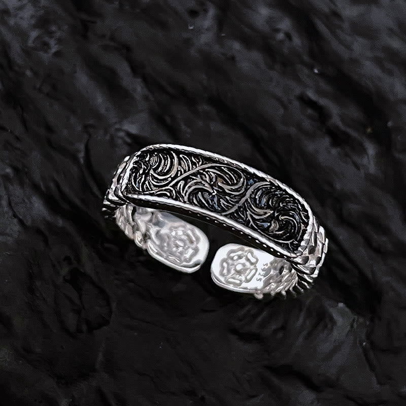 Tang Dynasty Flower Design Engraved Copper Luck Cuff Bracelet Bangle Adjustable Ring - Image 8