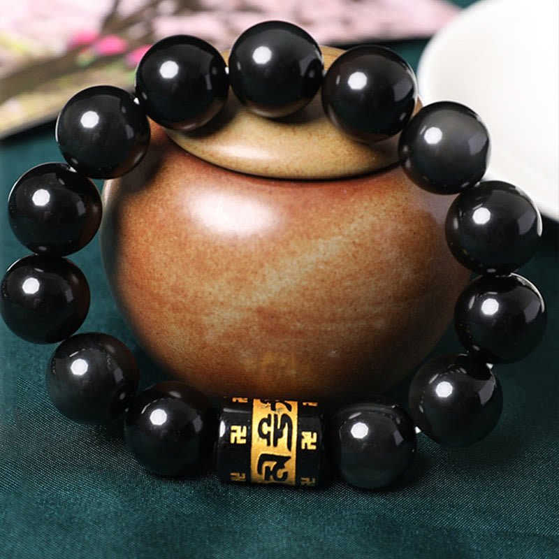 Rainbow Obsidian Om Mani Padme Hum Swastika Positive Bracelet - Image 3