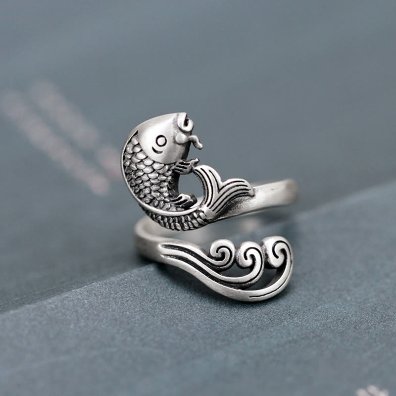 925 Sterling Silver Koi Fish Water Ripple Luck Wealth Ring - Image 3