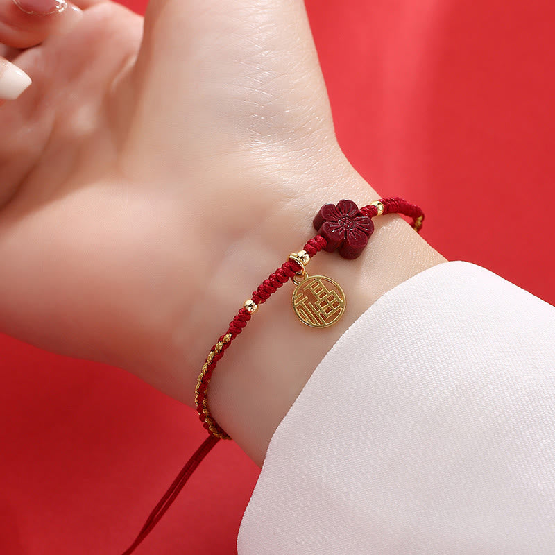 Cinnabar Flower Fu Character Blessing Braided String Bracelet - Image 3