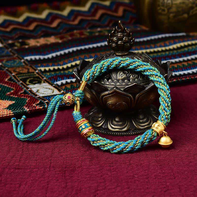 Tibetan Handmade Luck Protection Thangka Prayer Wheel Bell Charm Braid String Bracelet - Image 11