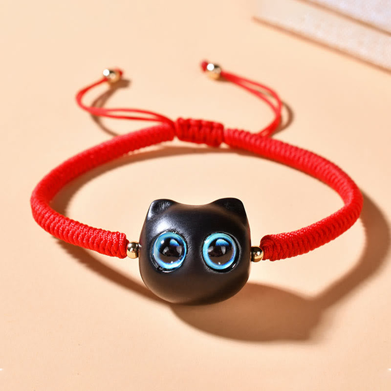 Ebony Wood Cat Head Pattern Peace King Kong Knot Braided Bracelet - Image 10