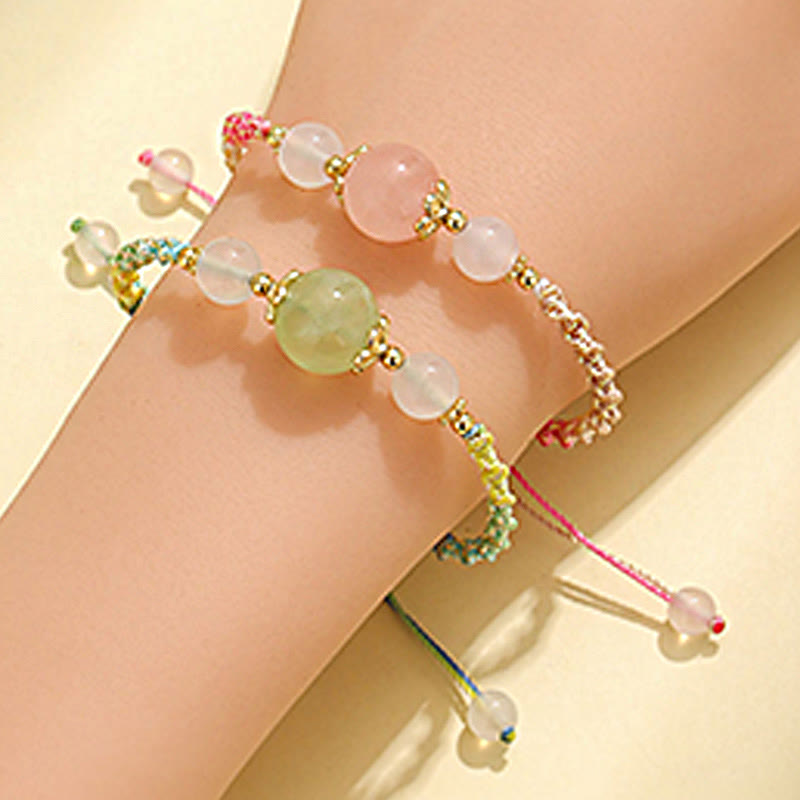 Strawberry Quartz Pink Crystal Prehnite White Agate Bead Healing Rope Bracelet - Image 14