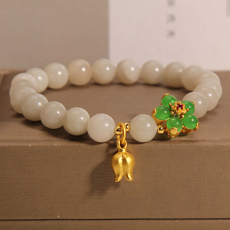 Natural Jade Green Flower Lily Of The Valley Luck Bracelet