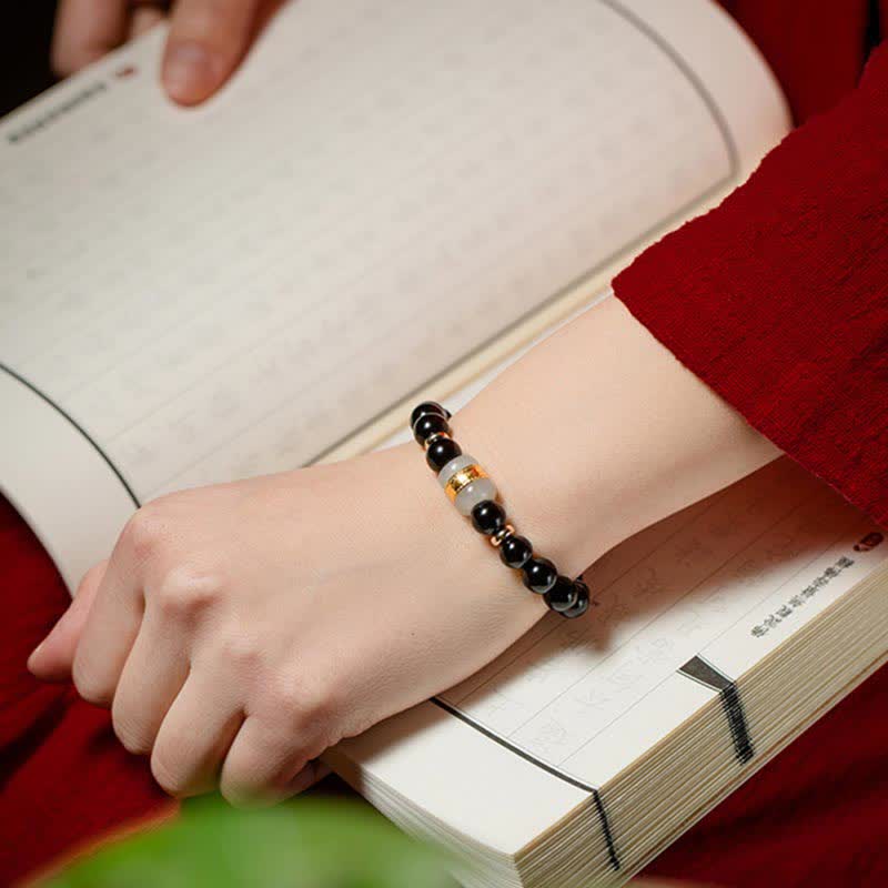 Black Obsidian Jade Om Mani Padme Hum Strength Couple Magnetic Bracelet - Image 5