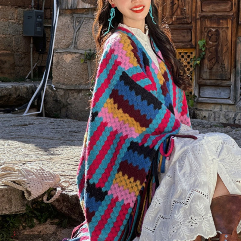 Tibetan Shawl Candy Color Braided Pattern Winter Cozy Travel Knitted Tassel Scarf Wrap - Image 4