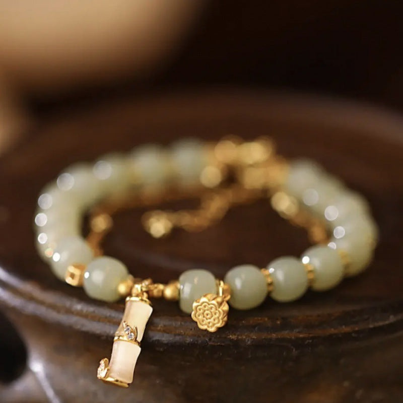 Natural Hetian Jade Prosperity Lotus Bamboo Charm Bracelet - Image 5