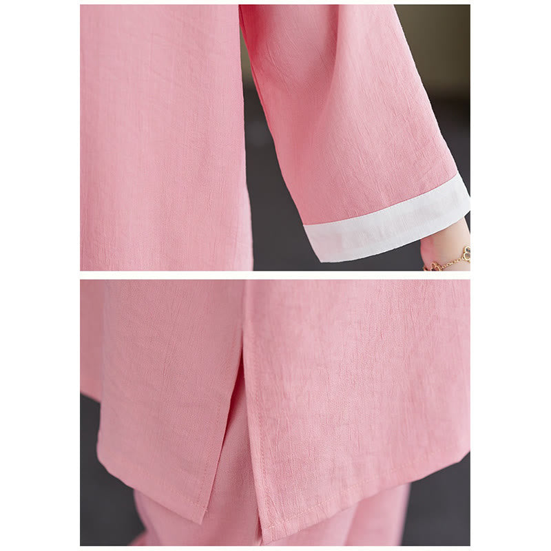 2Pcs Vintage Long Sleeve Shirt Top Pants Meditation Zen Tai Chi Cotton Linen Clothing Women's Set - Image 7