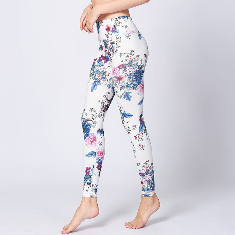 Pink Flower White Colorful Ink White Print Leggings Sports Fitness Yoga Women's Pants