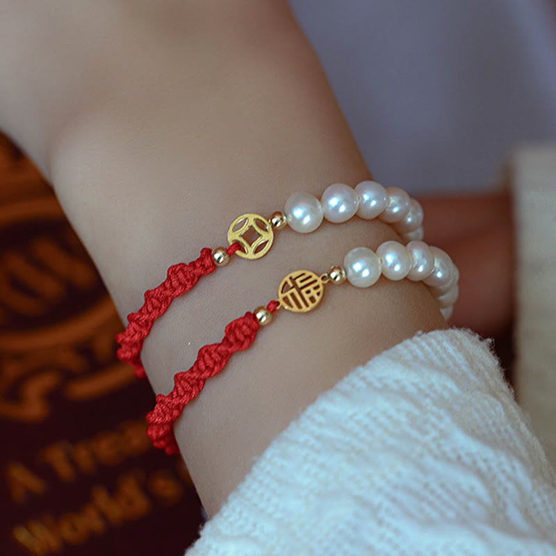 14K Gold Plated Pearl Bead Luck Protection Braid Red String Bracelet - Image 6