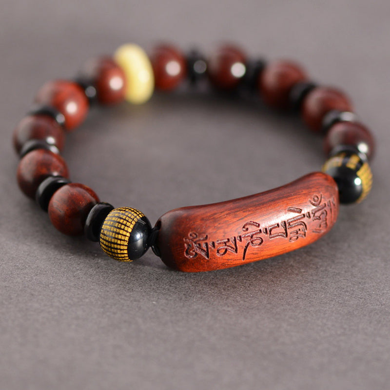 Small Leaf Red Sandalwood Om Mani Padme Hum Engraved Protection Bracelet