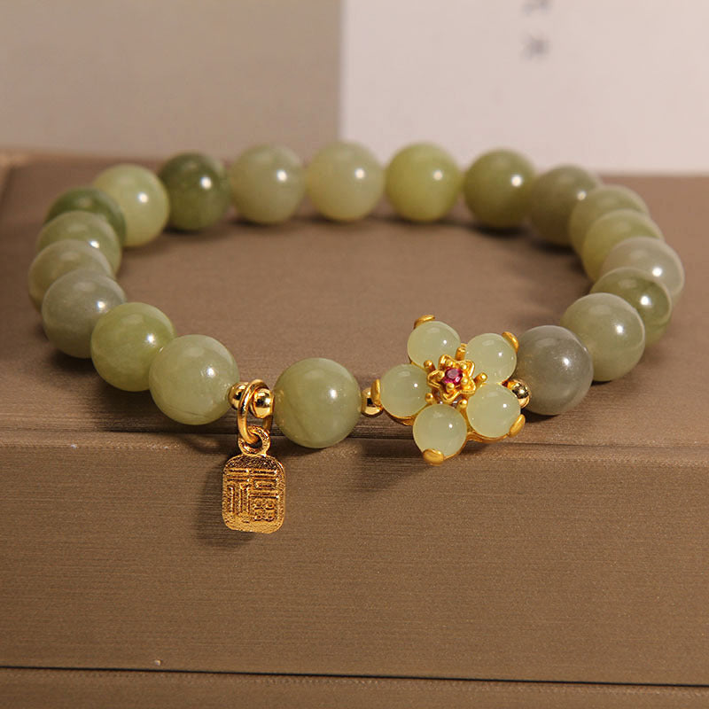 Green Jade Flower Fu Character Charm Luck Bracelet - Image 4