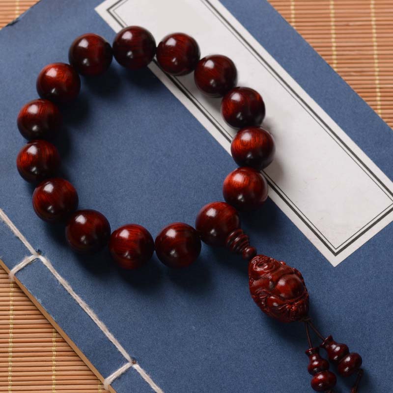 Small Leaf Red Sandalwood Laughing Buddha God of Wealth Protection Bracelet