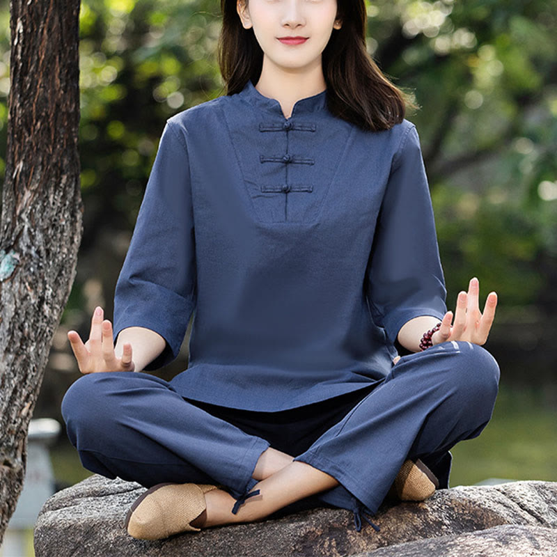 2Pcs Half Sleeve Shirt Top Pants Meditation Zen Tai Chi Cotton Linen Clothing Women's Set