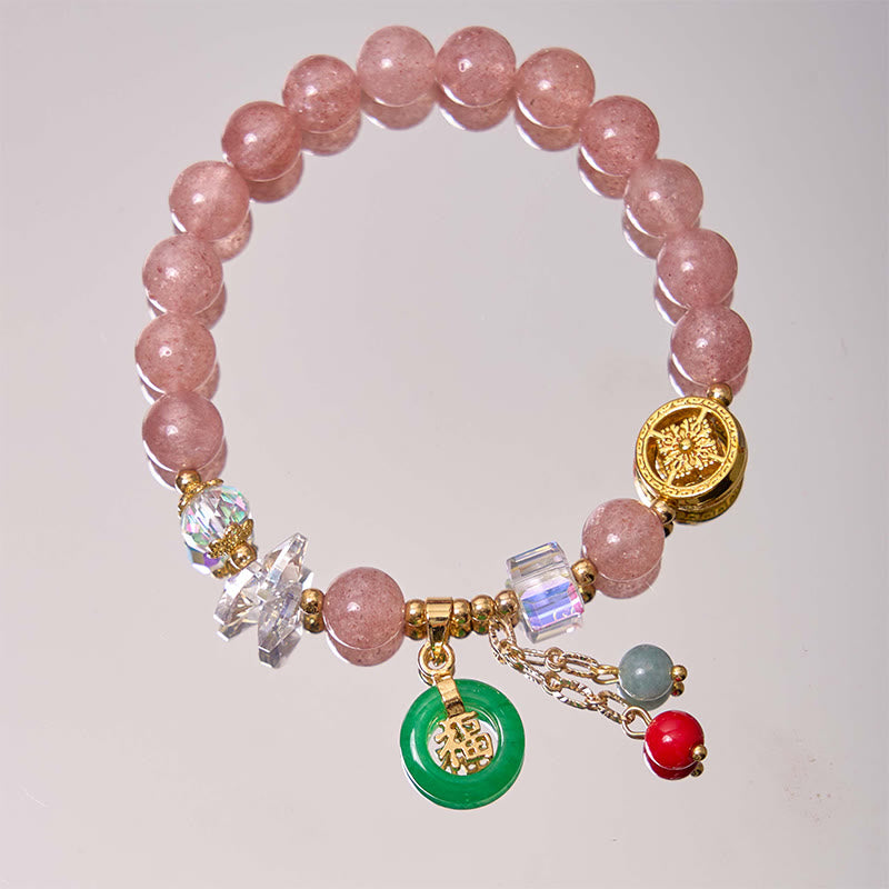 Strawberry Quartz Jade Fu Character Charm Healing Bracelet - Image 7