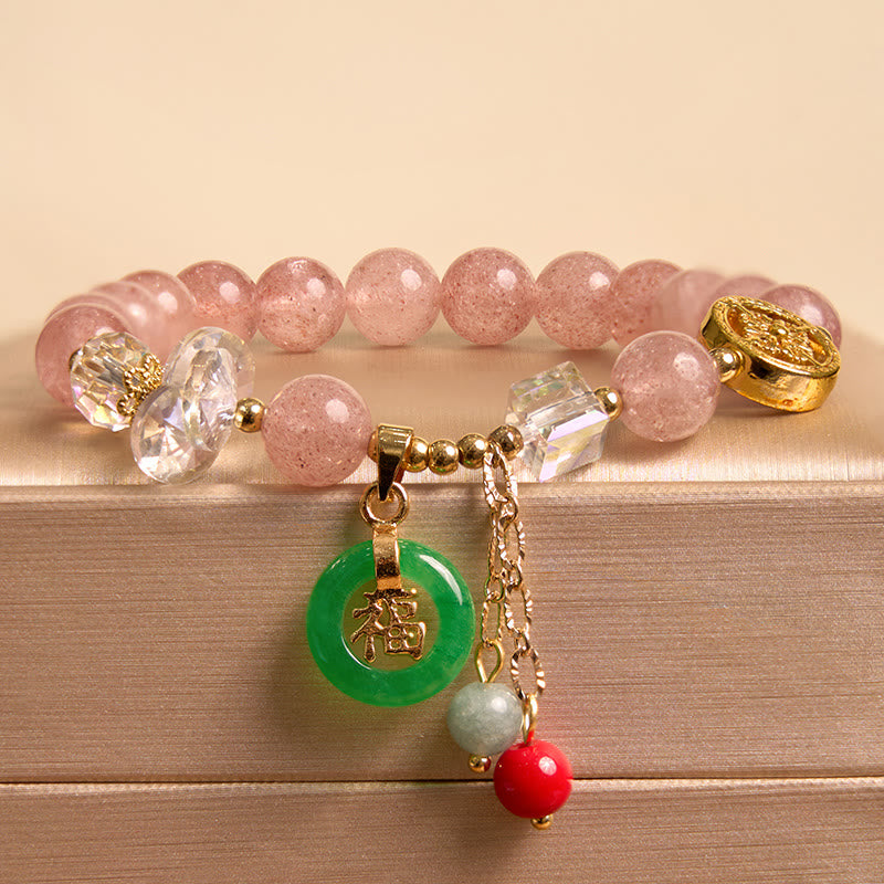 Strawberry Quartz Jade Fu Character Charm Healing Bracelet - Image 6