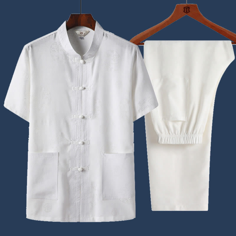 2Pcs Frog-Button Fu Character Dragon Bamboo Leaf Short Sleeve Shirt Pants Men's Set - Image 9