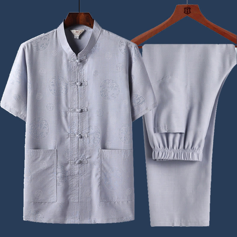 2Pcs Frog-Button Fu Character Dragon Bamboo Leaf Short Sleeve Shirt Pants Men's Set - Image 4