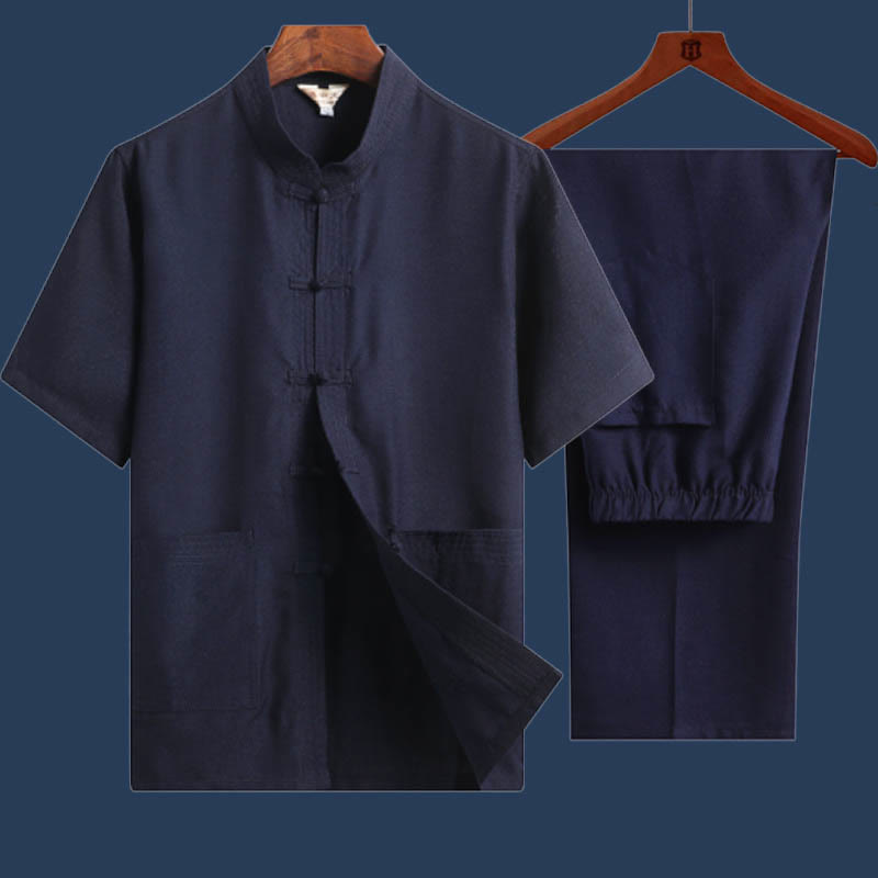 2Pcs Frog-Button Fu Character Dragon Bamboo Leaf Short Sleeve Shirt Pants Men's Set - Image 17